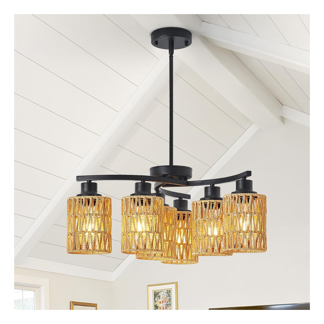37'' Boho Rattan 6-Light Chandeliers With Wicker Shades