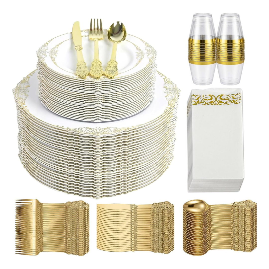 175-Piece Gold Plastic Dinnerware Set For 25 Guests