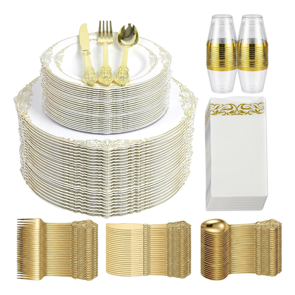 175-Piece Gold Plastic Dinnerware Set For 25 Guests