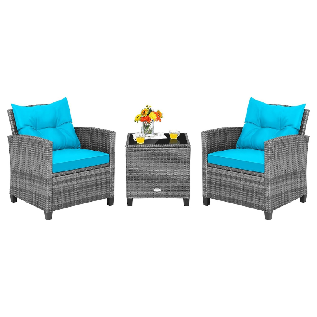 3-Piece Tangkula Rattan Patio Furniture Set W/ 2 Chairs & Coffee Table