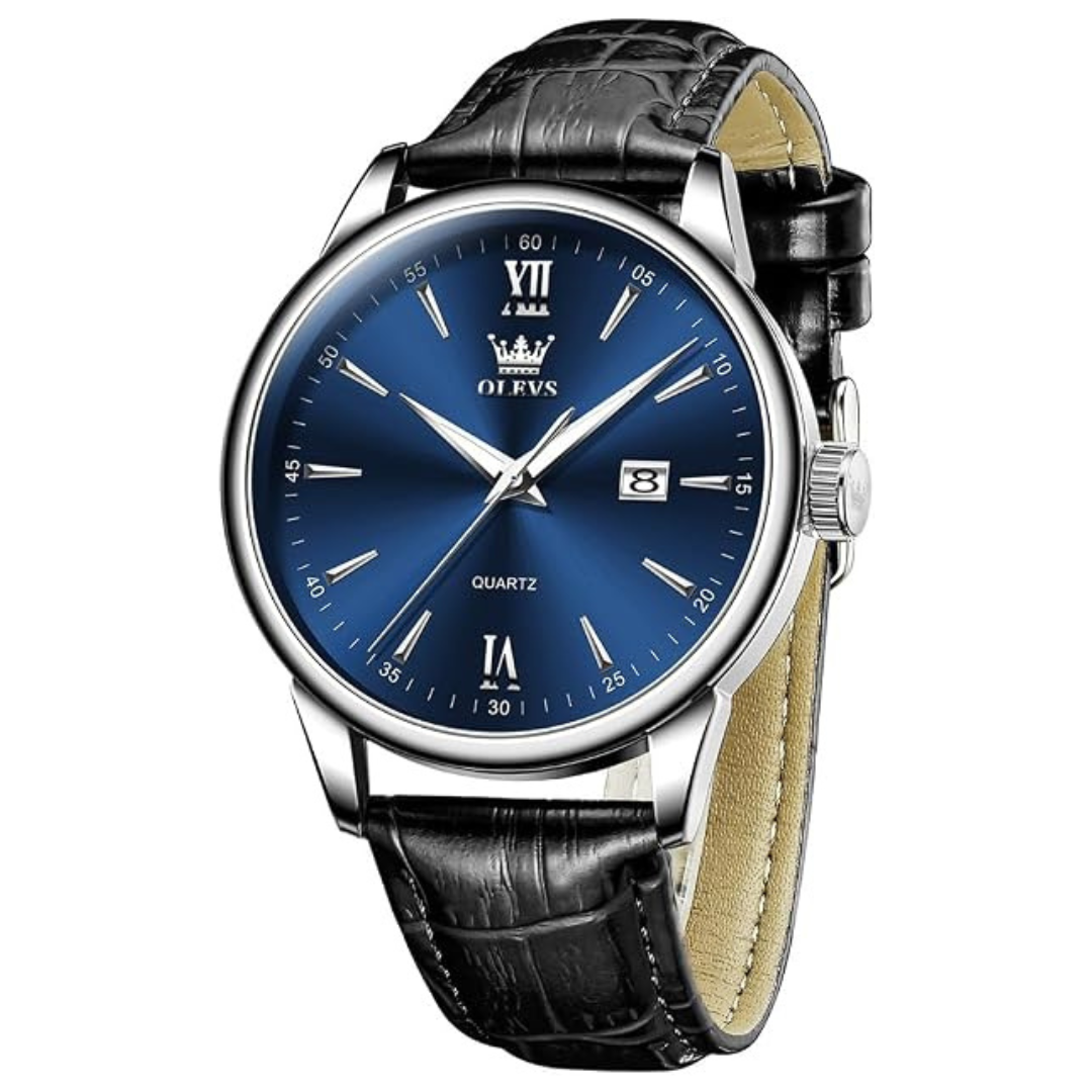 OLEVS Men's Black Leather Analog Quartz Watch With Date Display