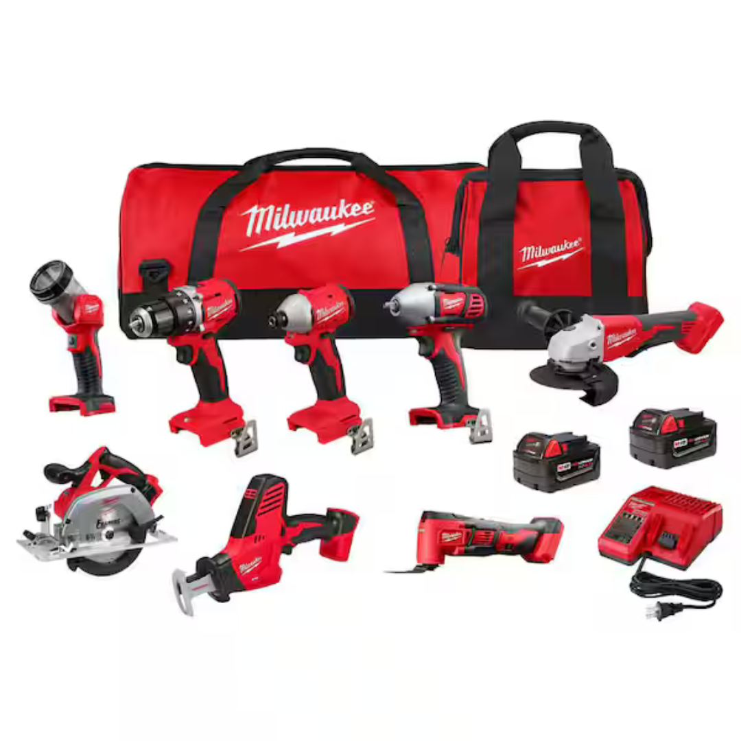 8-Tool Milwaukee M18 18V Li-Ion Cordless Combo Kit W/ 2 Batteries & Charger