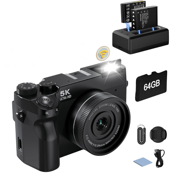 5K 75MP HD Dual Lens WiFi Autofocus Digital Camera W/ 64GB Card