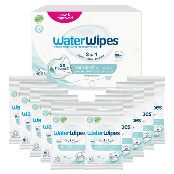 10-Pack WaterWipes 3-In-1 Sensitive+ On The Go Wipes