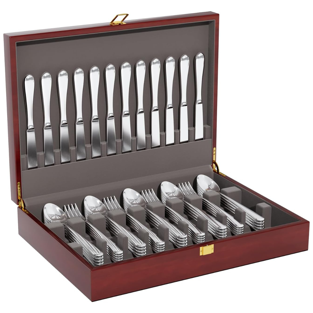 Mahogany Wood Silverware Storage Box With Lid