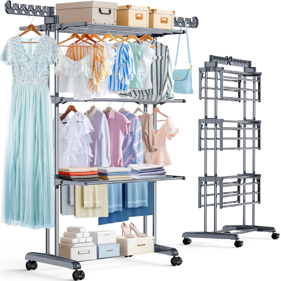 Upgraded 4-Tier Clothes Drying Rack with Wheels