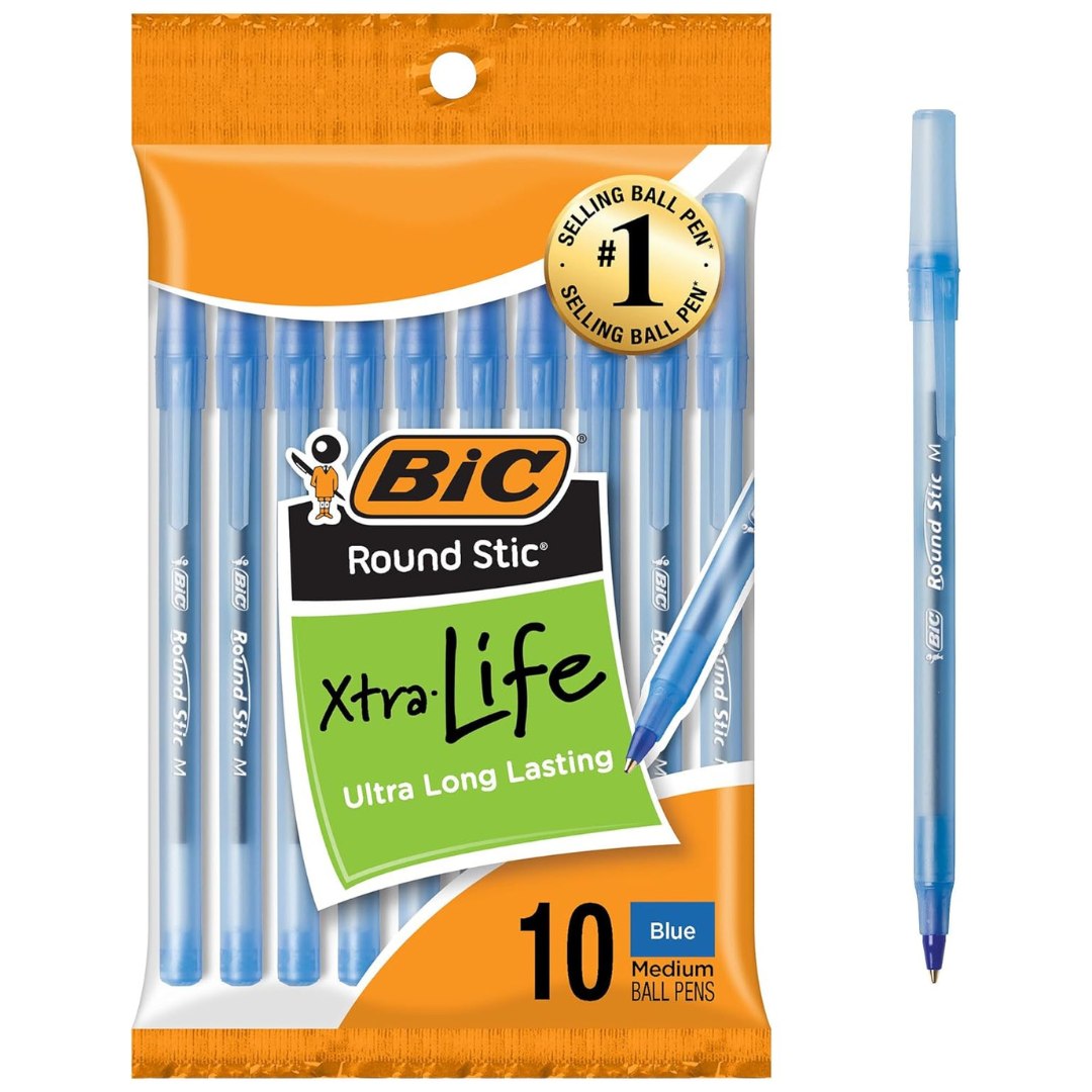 10-Count BIC Round Stic Xtra Life Ballpoint Pen Medium Point