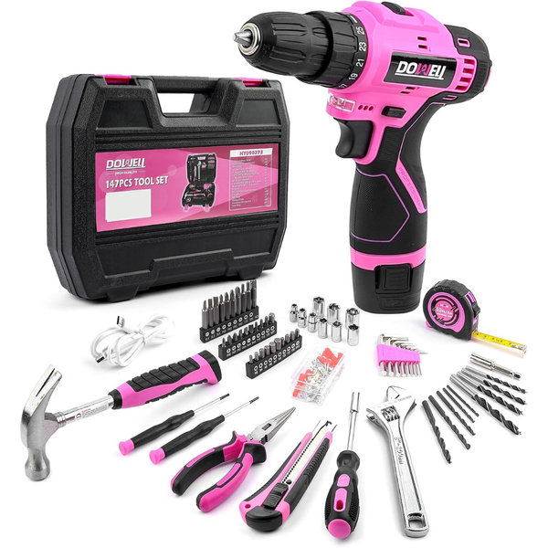 147-Piece Dowell Cordless 12V Drill Tool Set (Pink)