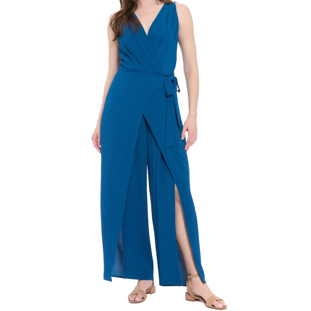 London Times Women's Solid Side Tie Jumpsuit