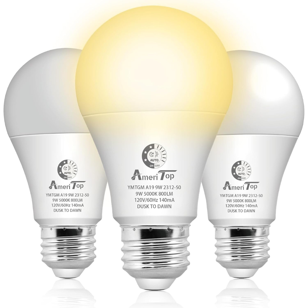 3-Pack A19 LED Dusk to Dawn Sensor Light Bulbs (3000K)
