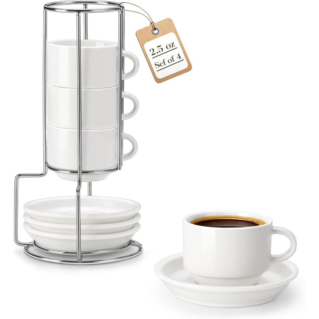 4-Pack 2.5-Oz Porcelain Espresso Cups with Saucers & Metal Stand