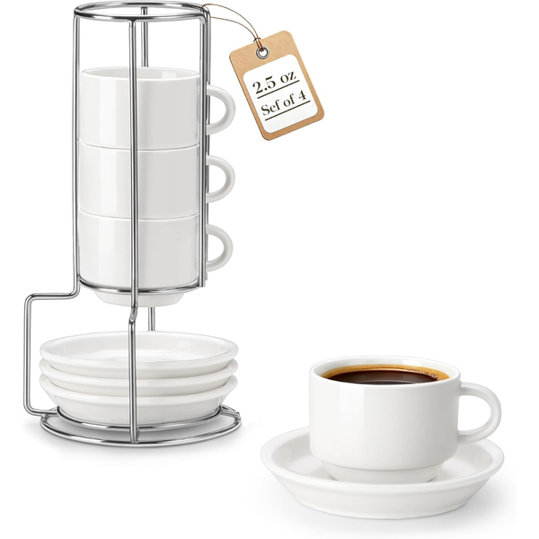 4-Pack 2.5-Oz Porcelain Espresso Cups with Saucers & Metal Stand