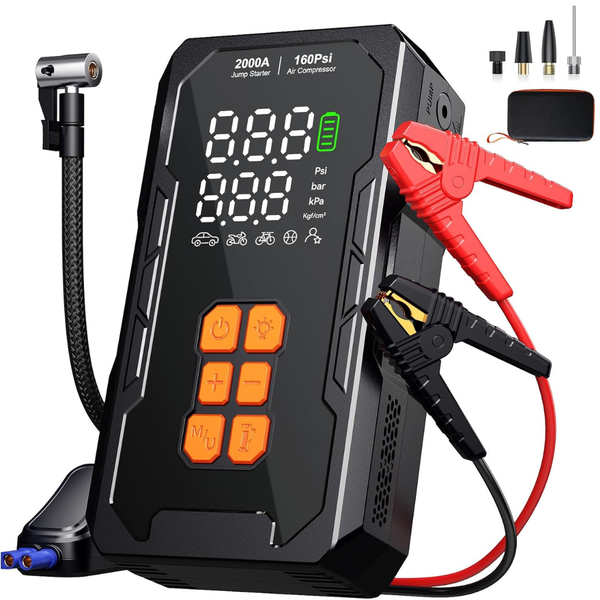 12V Portable Car Jump Starter with 160 PSI Air Compressor & Storage Case