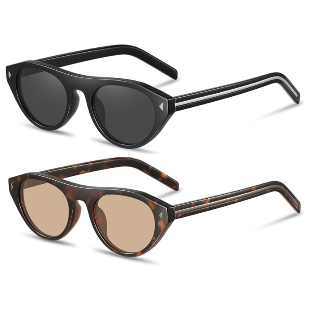 2-Pack Unisex Retro Small Cateye Narrow Round Shades Oval Sunglasses