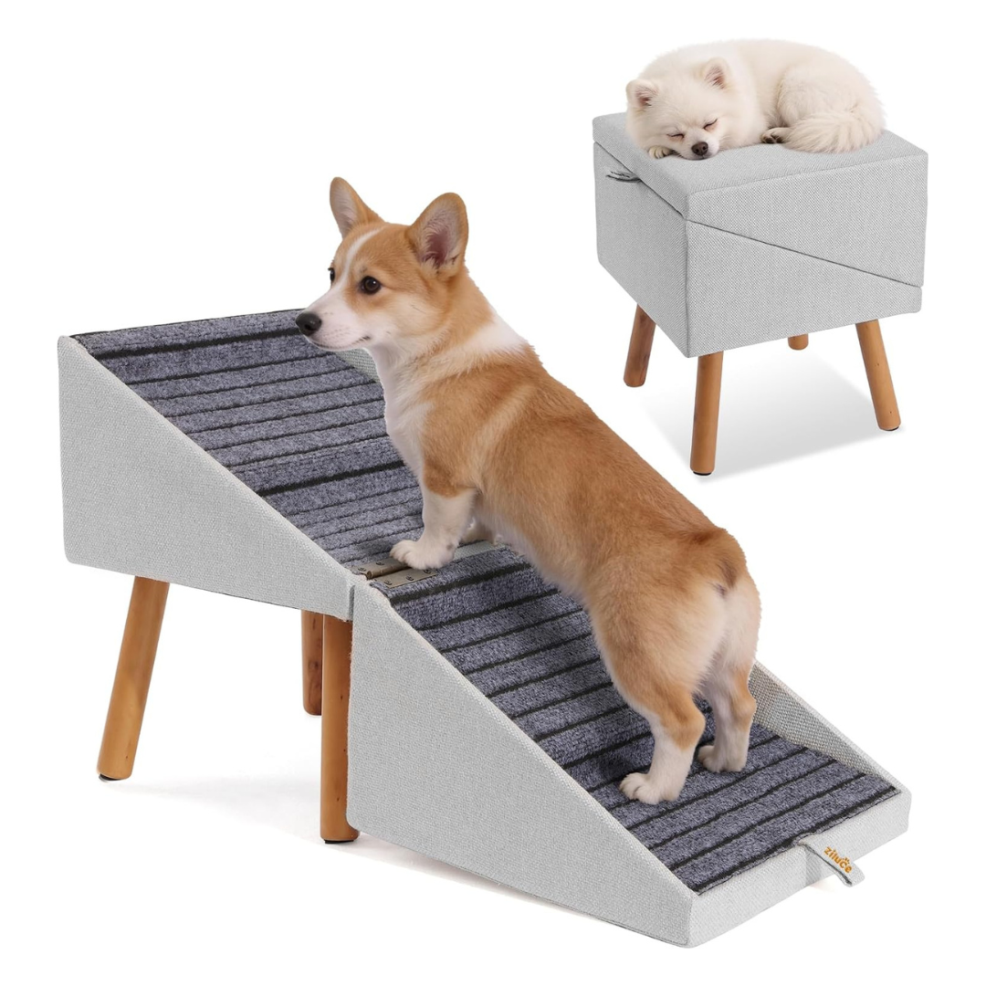2-in-1 Ziluce 17.13" XL Wooden Foldable Dog Ramp & Ottoman (Light Grey)