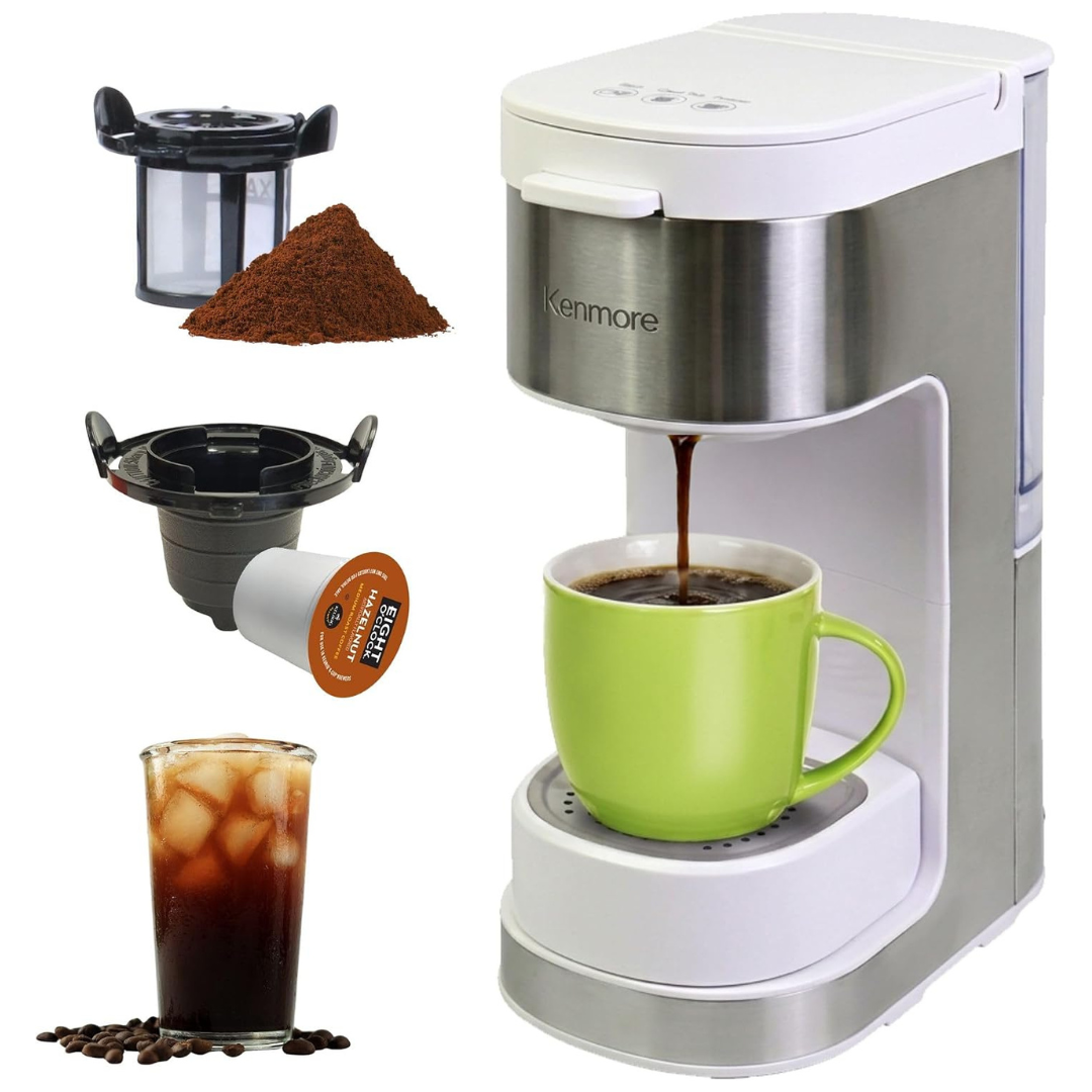 Kenmore Single Serve Coffee Maker with Stainless Steel Travel Mug White