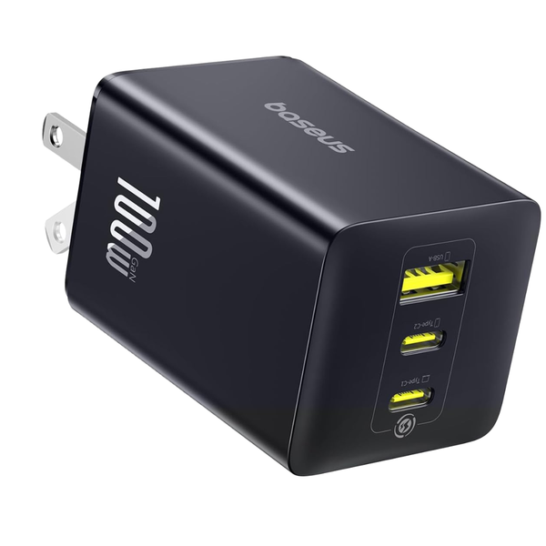 100W Baseus 3-Port USB-C GaN Wall Charger Adapter (2x USB-C & USB-A)