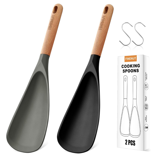 2-Pack Silicone Cooking Spatula W/ Wood Handle & S-Hooks