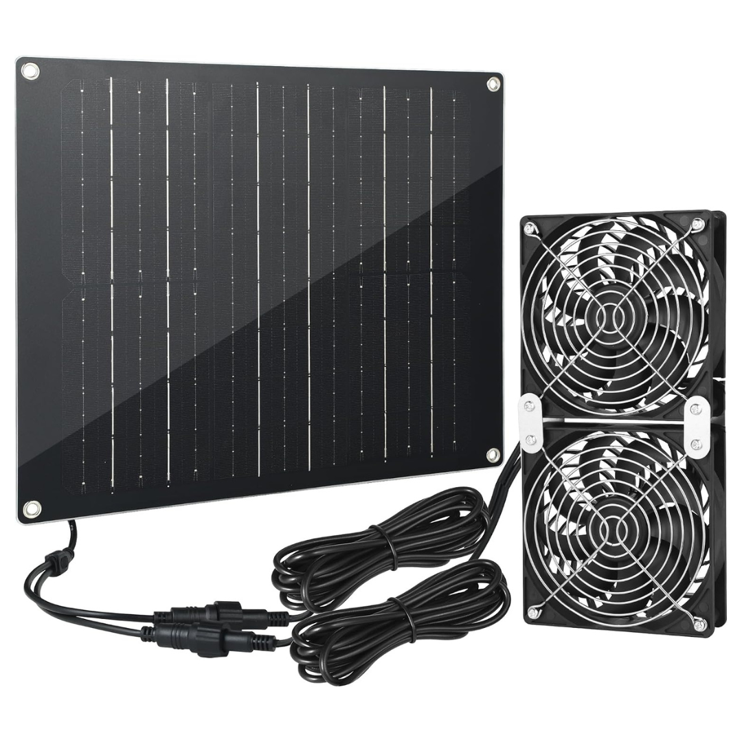 GTQKING 30W Solar Panel Fan Kit With Dual IPX7 Weatherproof Fans