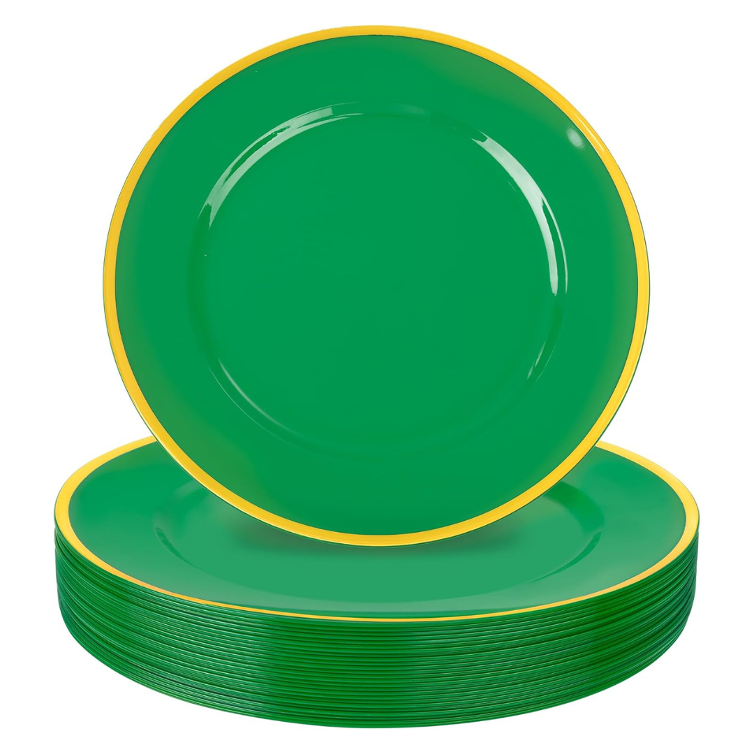 25-Piece 12'' Plastic Disposable Charger Plates (Green And Gold)