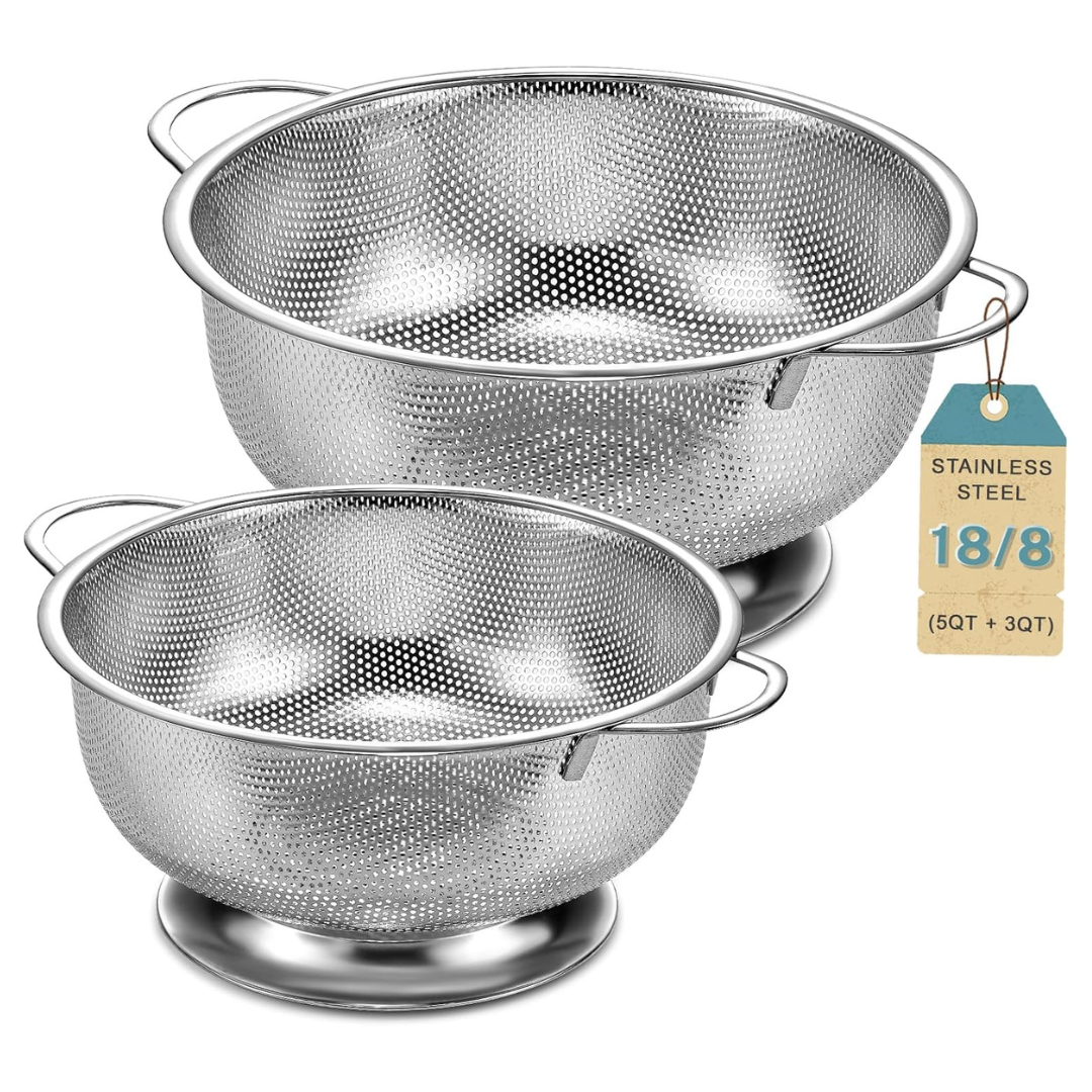 2-Piece Pleafind 5-QT & 3-QT Stainless Steel Strainer Colanders With Handle