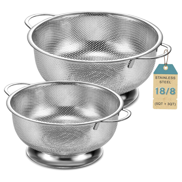 2-Piece Pleafind 5-QT & 3-QT Stainless Steel Strainer Colanders With Handle
