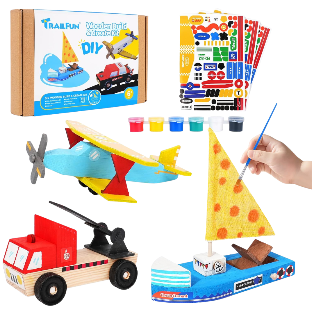 3-Pack TrailFun Wooden Build And Paint Kit (Car, Boat And Plane)