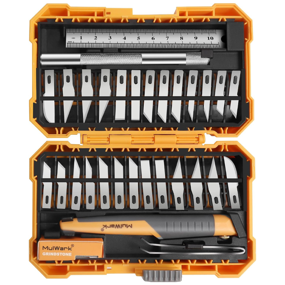 32-Piece MulWark Precision Hobby Knife Set with Sharpening Stone & Steel Ruler