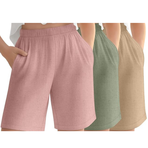 3-Pack Girls Linen Bermuda Shorts, 3-Color, 5-14 Years