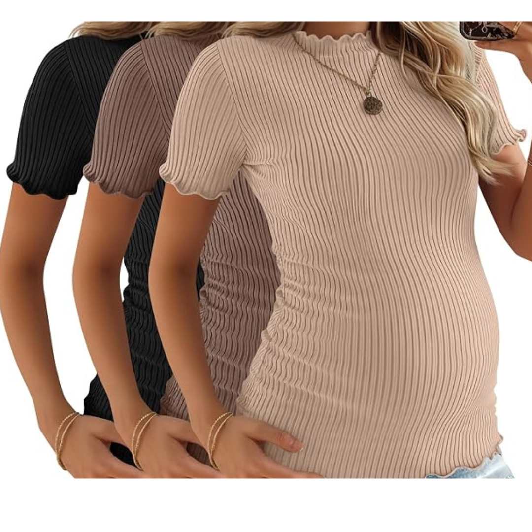 3-Pack Women's Ribbed Maternity Tops, 3-Color, Large