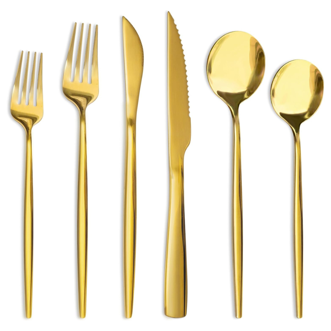 48-Piece Astercook Stainless Steel Gold Flatware Set With Steak Knives