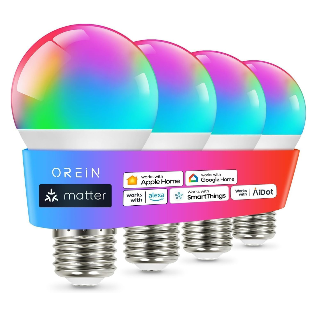 4-Pack 60W OREiN Matter A19 RGBTW Smart Light Bulbs