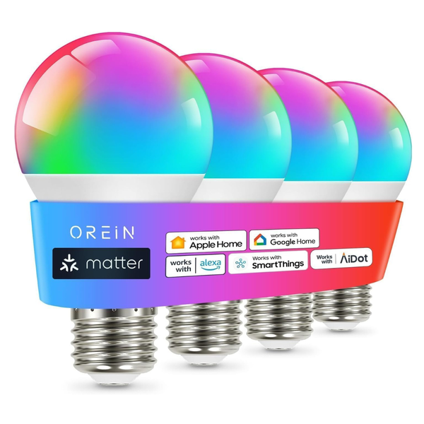 4-Pack 60W OREiN Matter A19 RGBTW Smart Light Bulbs