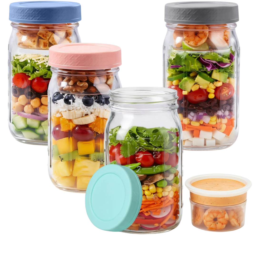4-Pack 32-Oz Glass Salad Jars With Dressing Cup