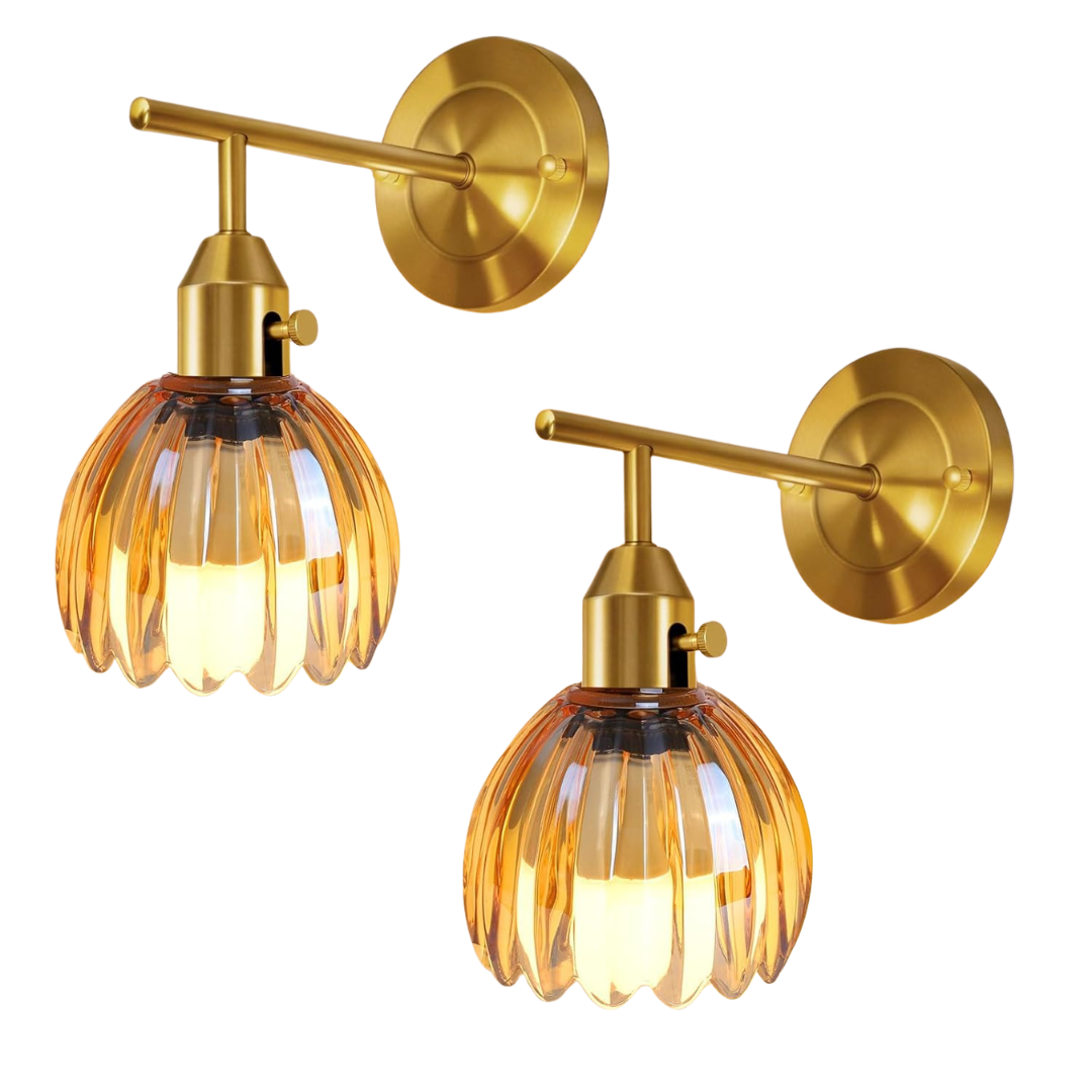 Set Of 2 Vintage Gold Wall Sconces W/ Cute Amber Tulip Glass Lampshade