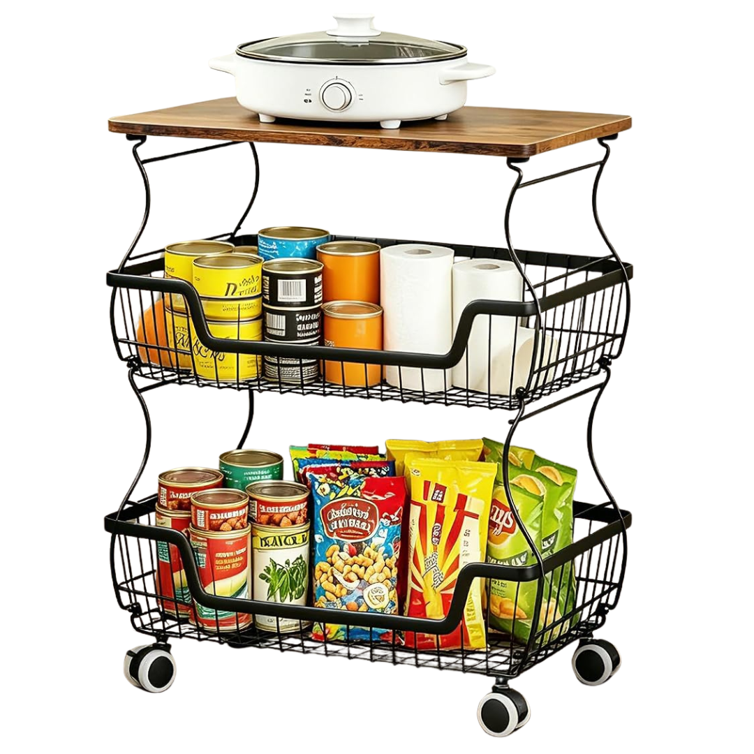 3-Tier 20.87" Tall Rolling Wire Produce Storage Basket Cart W/ Locking Wheels