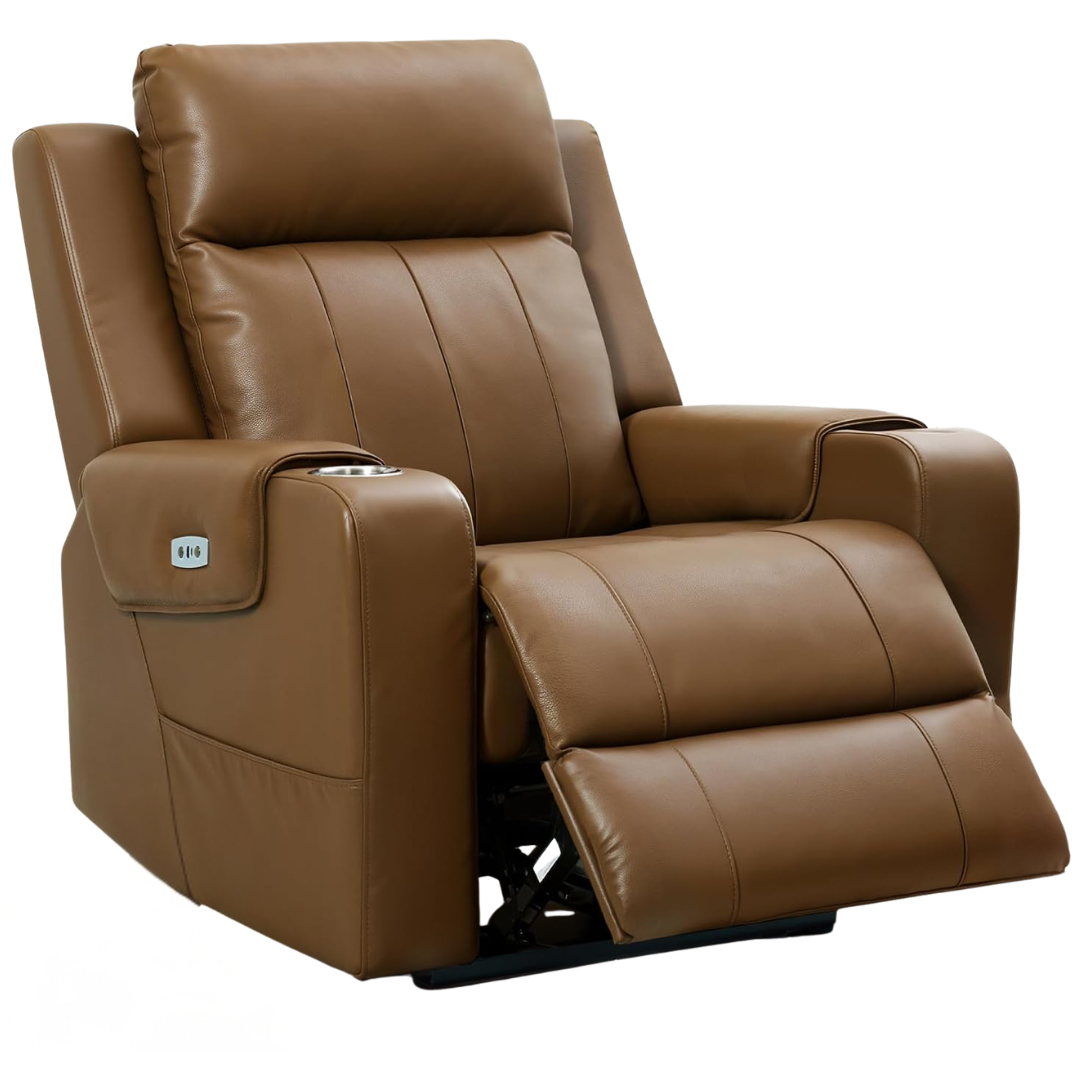 FLEXISPOT Truffle Top Grain Leather Wall Hugger Power Recliner (Light Brown)