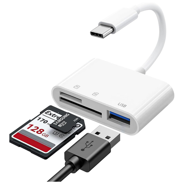 3-in-1 SD + MicroSD + USB 3.0 Type A Adapter With USB-C Cable Connector