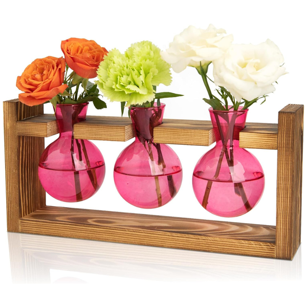 Plant Terrarium Propagation Station Stand With 3 Pink Bulb Vases (3 Colors)