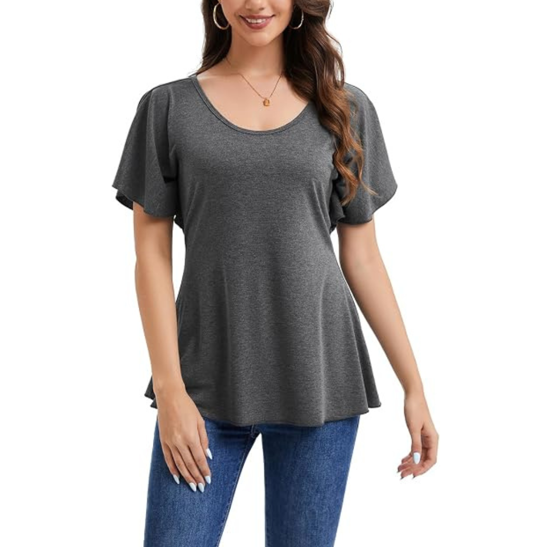Women's Convertible Boat Neck Batwing Casual T-Shirt (Dark Grey Or Wine Red)