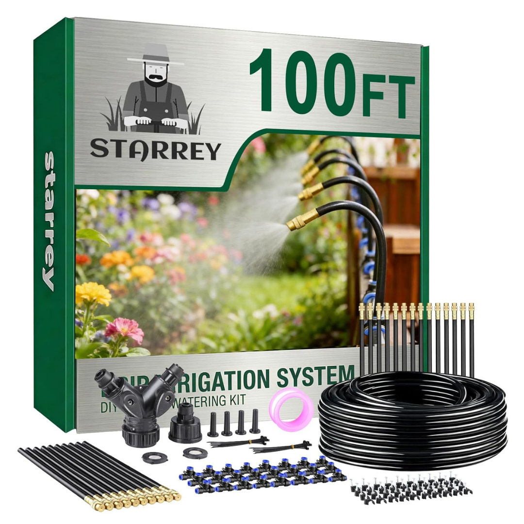 100-Ft 1/4" Drip Irrigation System With 24-Pcs 360-Deg Adjustable Copper Nozzles