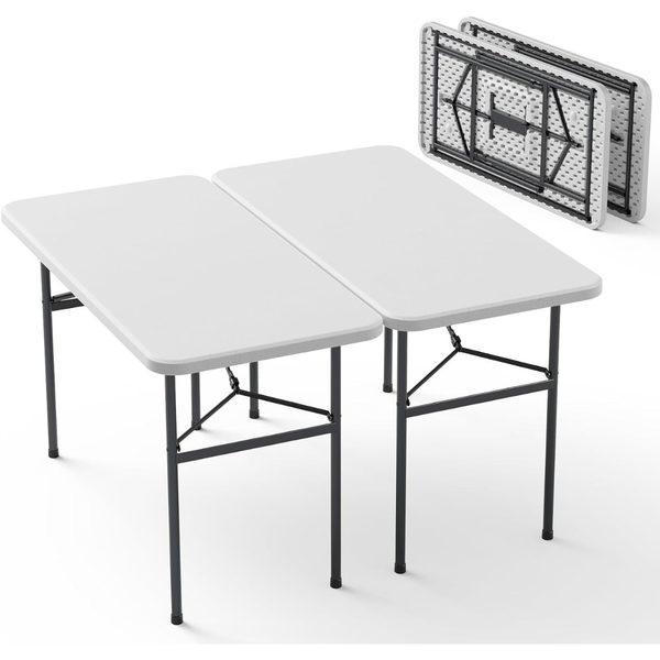 2-Pack 4ft Heavy-Duty Folding Plastic Tables With Foldable Steel Legs