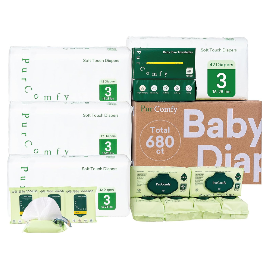 680-Count PurComfy Size 3 Baby Diapers And Sensitive Wipes Kit With Dry Wipes