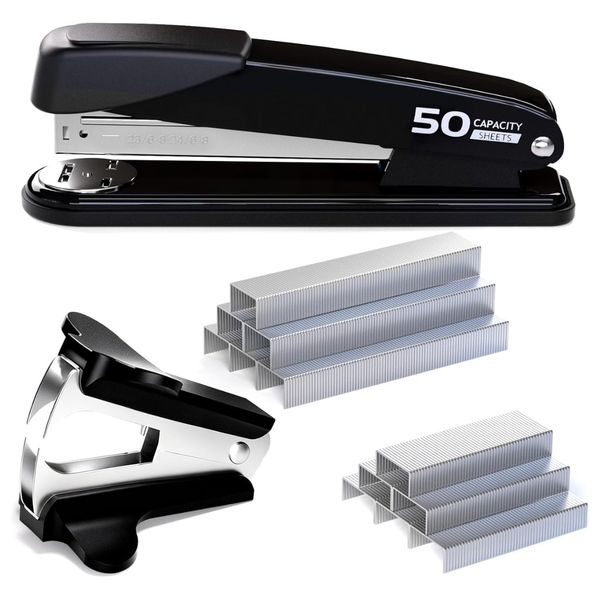 Heavy Duty Metal Black Stapler W/ Staple Remover & Staples (50-Sheet Capacity)