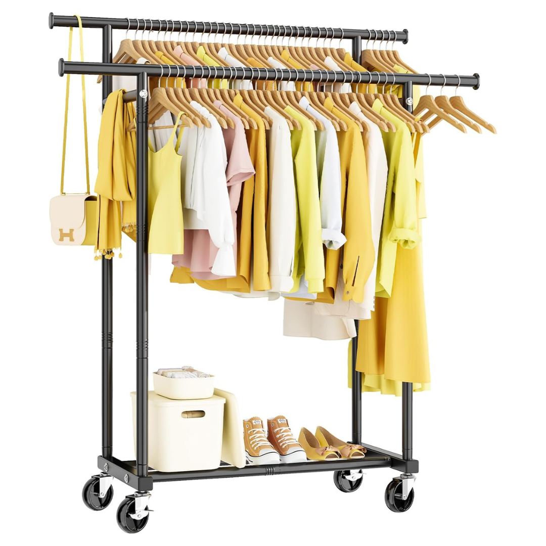 Double Rod Rolling Metal Garment Rack W/ Portable Wardrobe Design