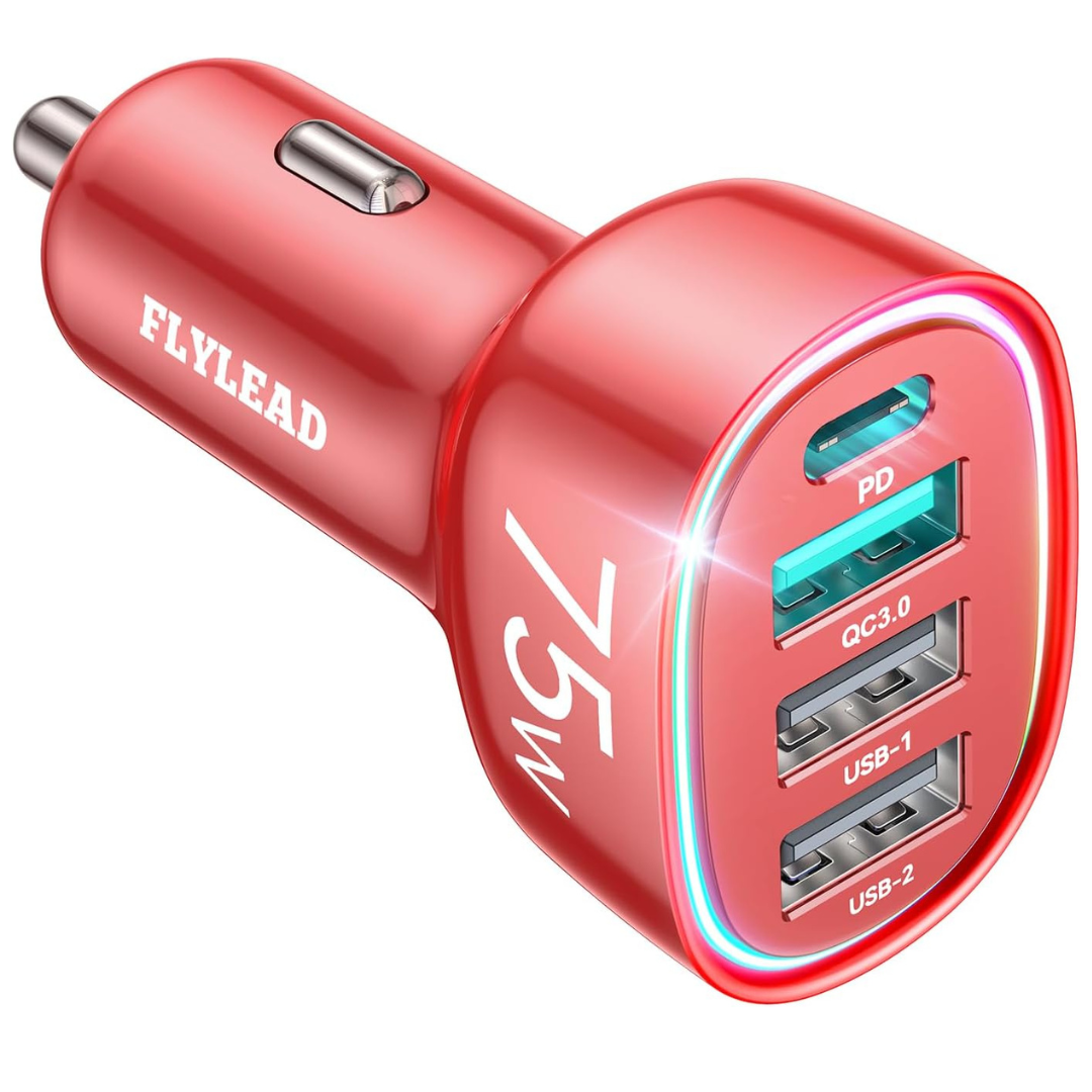 75W 4-Port Car Charger W/ USB-C PD 60W & QC 3.0