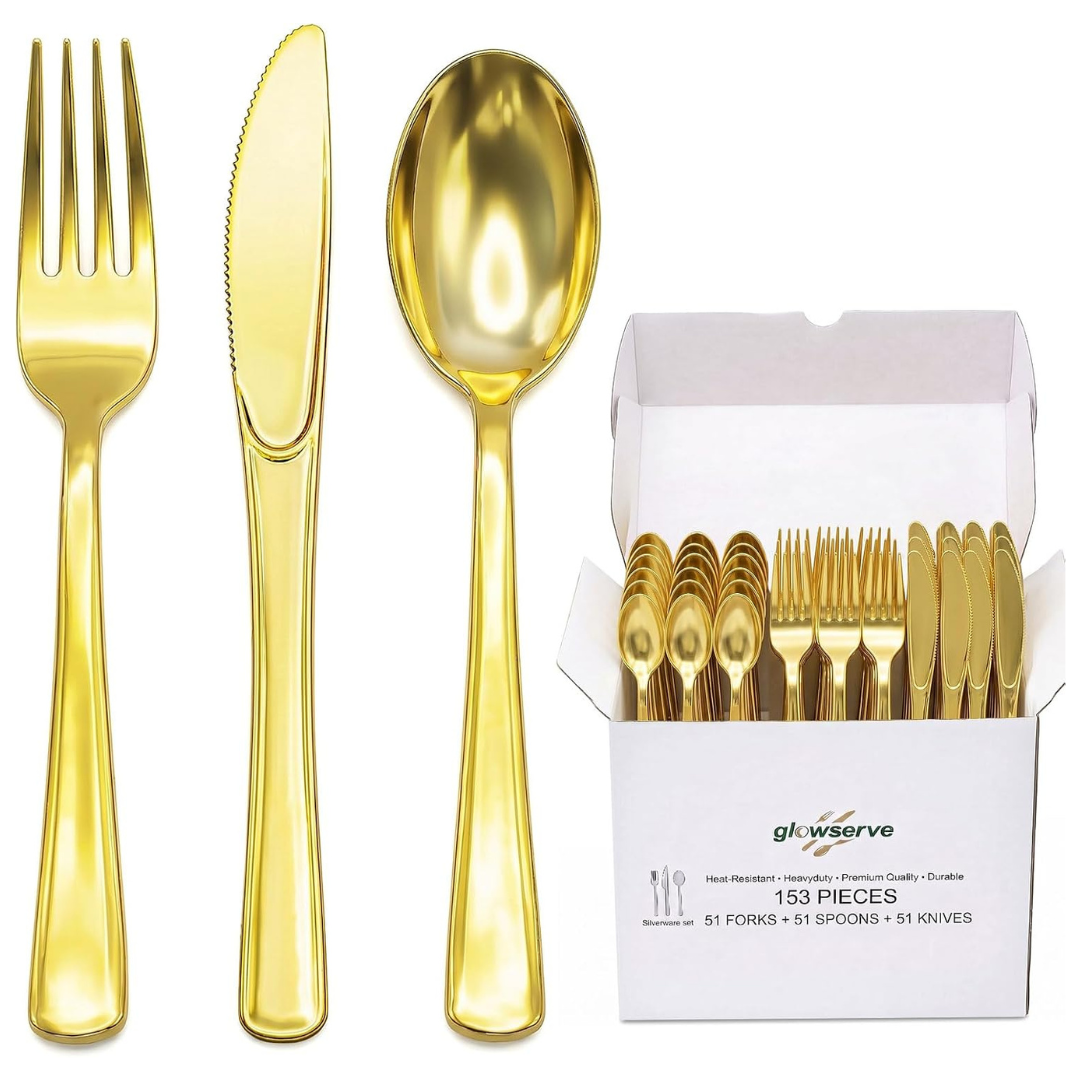 153-Pack Gold Disposable Plastic Silverware Cutlery Set