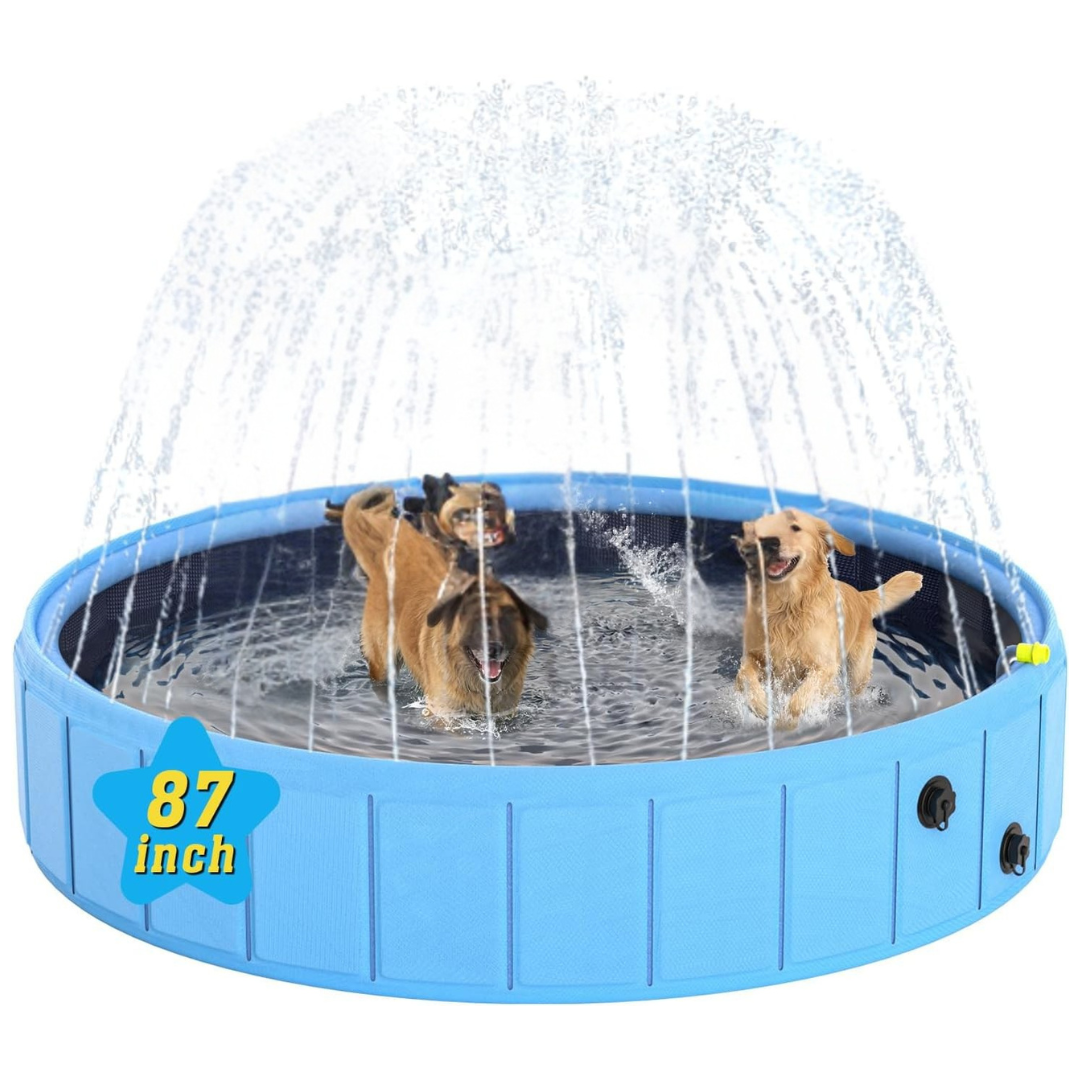 87" Non-Slip 2-in-1 Foldable Dog Pool With Sprinkler