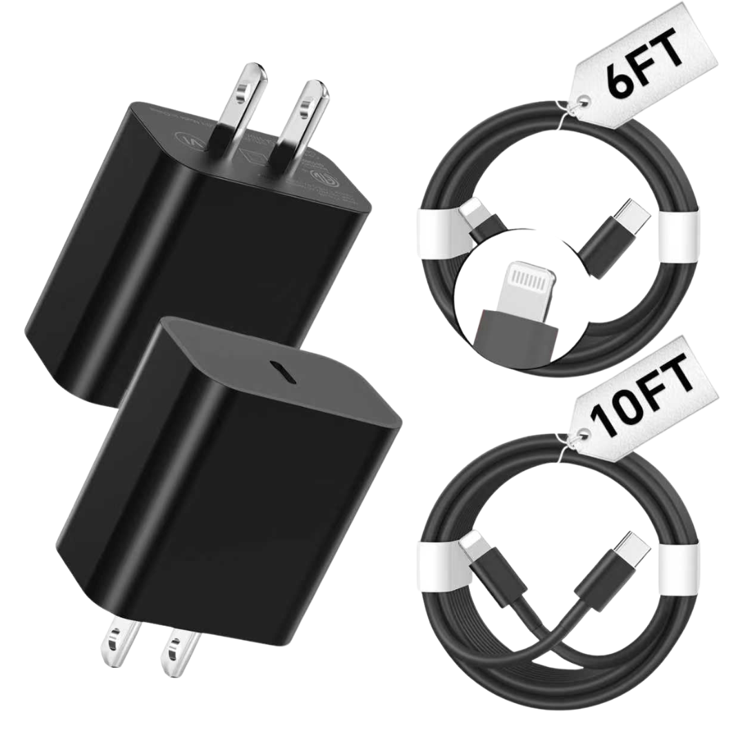 2-Pack 20W USB-C Fast Phone Wall Charger With 6ft/10ft Cable
