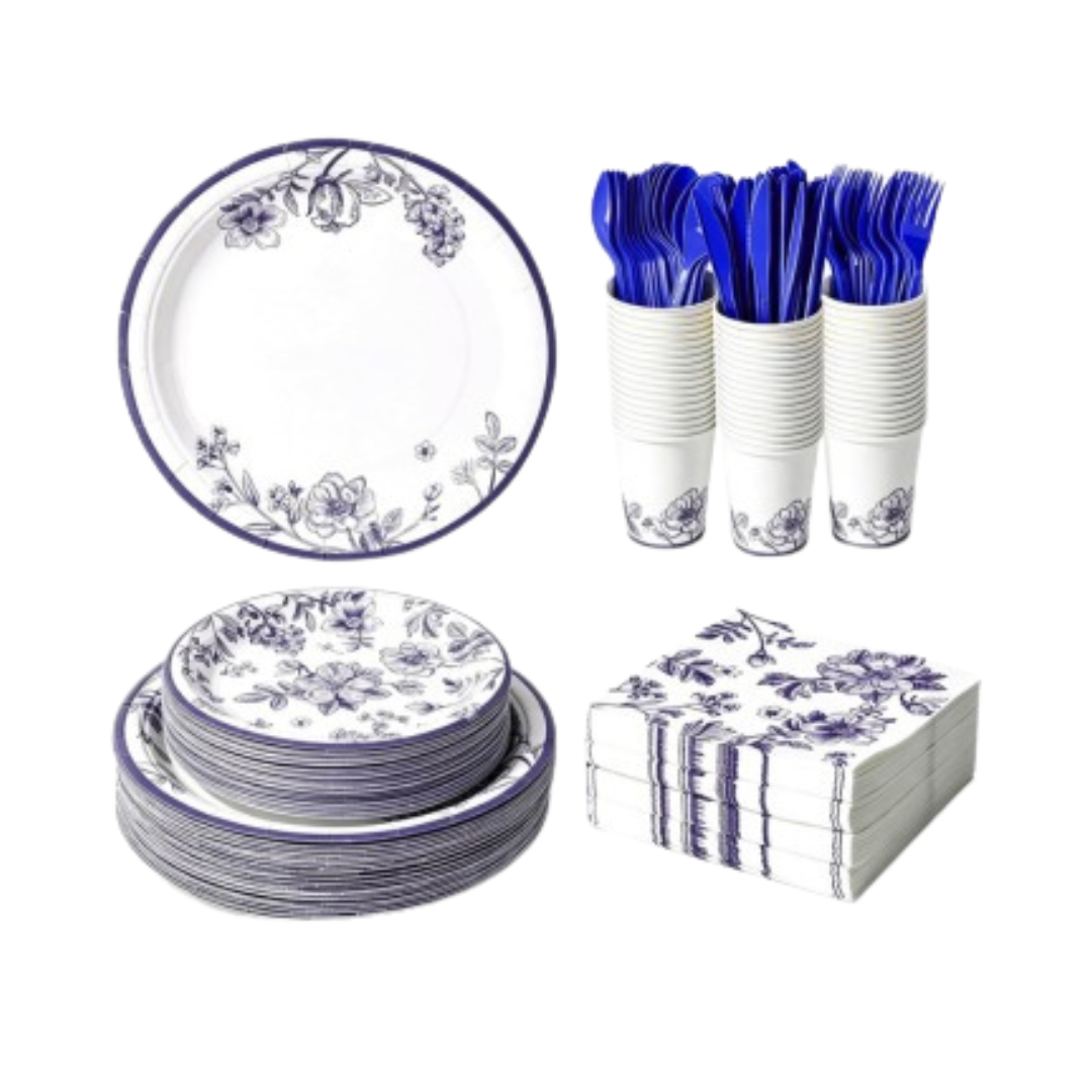 400-Piece Disposable Blue & White Floral Tableware Set